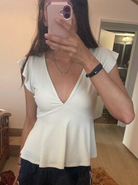 Urban Outfitters White V-Neck Peplum Flutter Sleeve Blouse